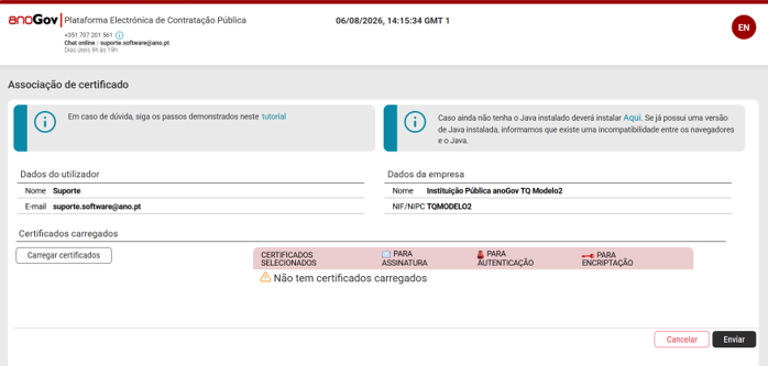 ecrã associação de certificado